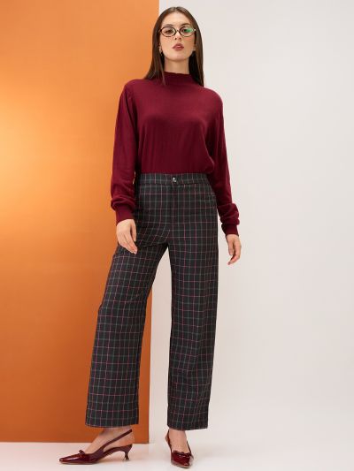 Globus Women Black Checkered Mid-Rise Elasticated Back Straight Fit Formal Trousers