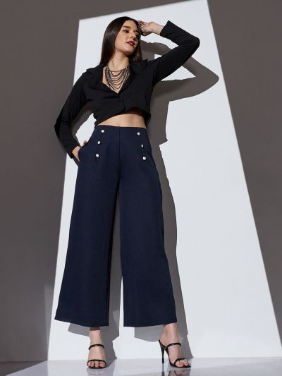 Globus Women Navy Mid-Rise Solid Button Detail Wide Leg Trousers