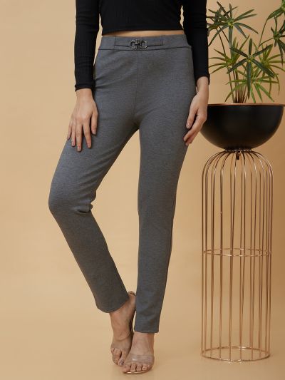 Globus Women Charcoal Melange Casual Buckle Detailing Regular Fit Tregging