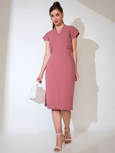 Globus Women Pink V-Neck Cap Sleeves Sheath Midi Workwear Dress