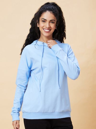 Globus Women Blue Graphic Hooded Casual Boxy Fit Pullover Sweatshirt