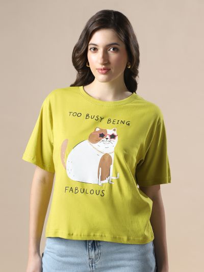Globus Women Green Drop Shoulder Graphic Printed Oversized Trendy Crop T-Shirt