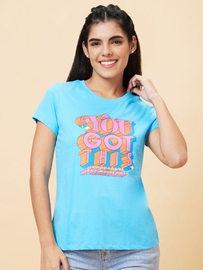 Globus Women Turquoise Printed Round Neck Casual Regular Fit T-shirt