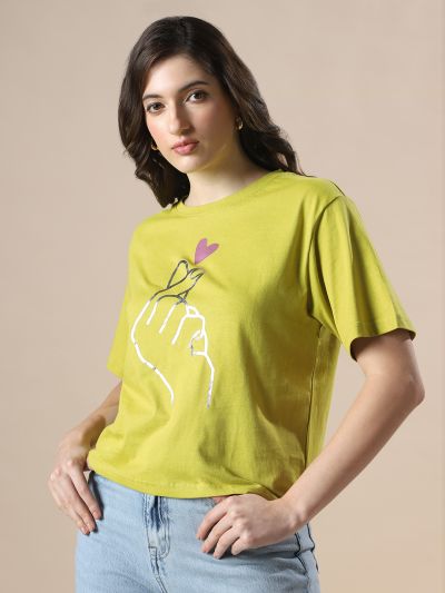 Globus Women Green Drop Shoulder Korean Graphic Printed Oversized Trendy Crop T-Shirt