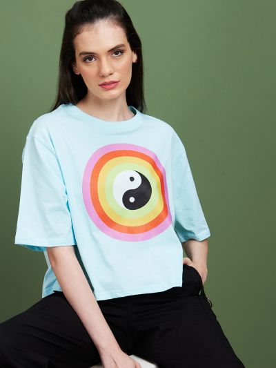 Globus Women Blue Graphic Conversational Cotton Round Neck Boxy Fit Casual T-Shirt