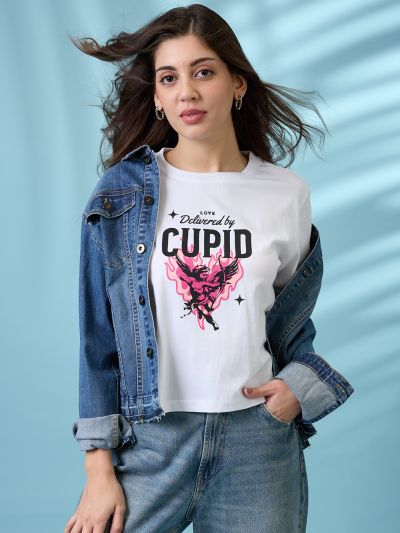 Globus Women White Graphic Print Round Neck Short Sleeves Oversized T Shirt