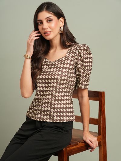 Globus Women Brown Abstract Print Sweetheart Neck Puff Sleeves Workwear Top