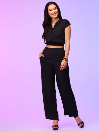 Globus Women Black Self Design Summer Shirt Style Crop Top & Wide Leg Trousers Co-Ord Set