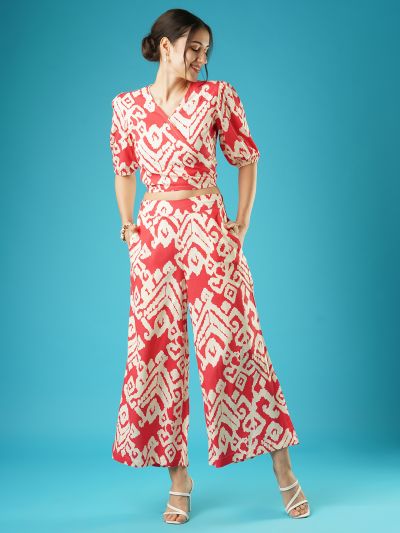 Globus Women Red Abstract Print Wrap Neck Tie-Back Top & Palazzos Co-Ord Set