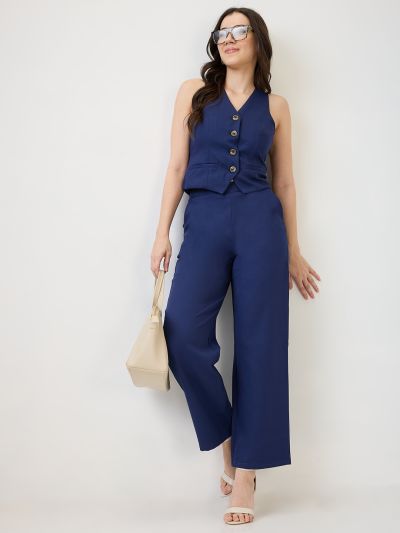 Globus Women Navy Blue V-Neck Solid Front Pocket Detail Waistcoat With Trousers Workwear Co-Ord Set