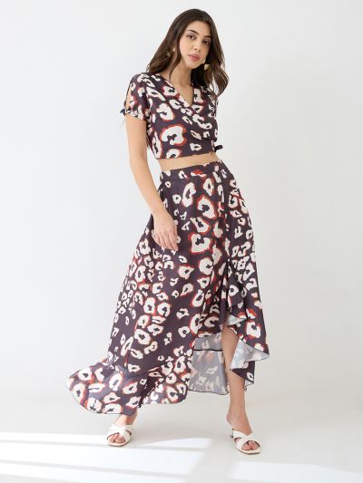 Globus Women Black Wrap Neck Tie-Up Short Sleeves Animal Printed Crop Top & High-Rise Ruffled Maxi Skirt Fusion Co-Ord Set