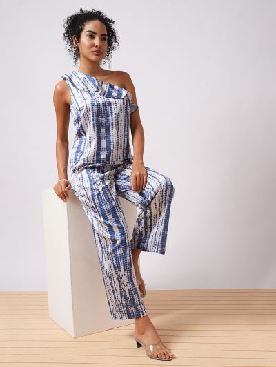 Globus Women Multi-Colour Abstract  Print One Shoulder Ruffle Top & Partially Elasticated Ankle Length Trouser Co-ord Set
