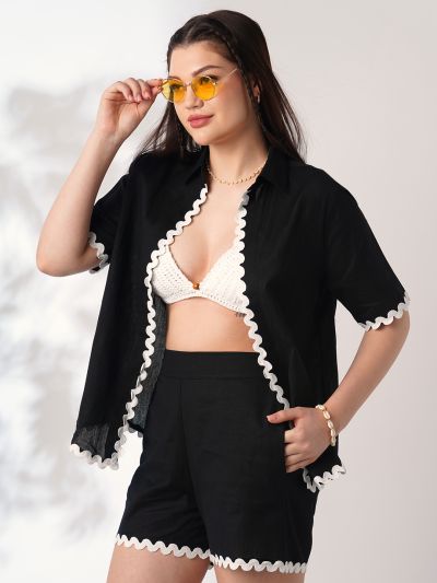 Globus Women Black Collared Neck Lace Detailing Oversized Shirt With Shorts Co-Ords Set