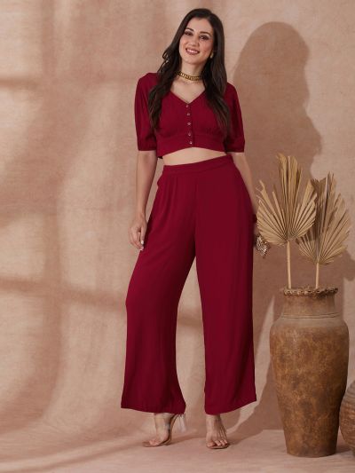 Globus Women Pink V-Neck Self Design Button Detail Crop Top with Wide Leg Trousers Co-Ord Set