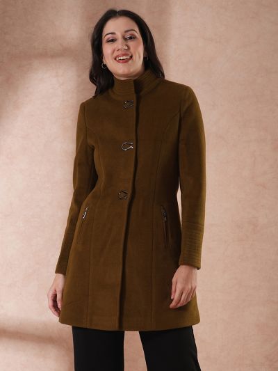 Globus Women Olive Mock Neck Long Sleeves Self Design 2 Pockets Tailored Fit Winter Wear Overcoat