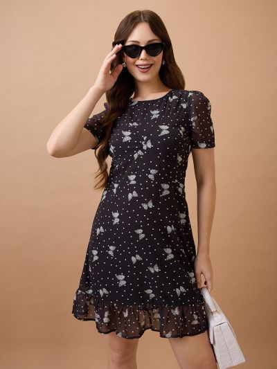 Globus Women Black Polka Dots Round Neck Short Puff Sleeves Fit & Flare Mini Dress