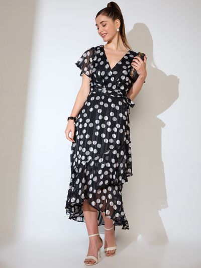 Globus Women Black Polka Dot Print Wrap Neck Flared Sleeves Waist Tie-Up Ruffled Tulip Hem A-line Midi Dress