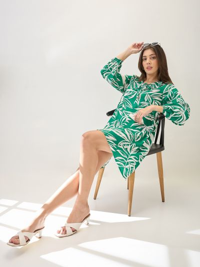 Globus Women Green Tropical Print Ruffled V-Neck Bishop Sleeves Mini A-Line Dress