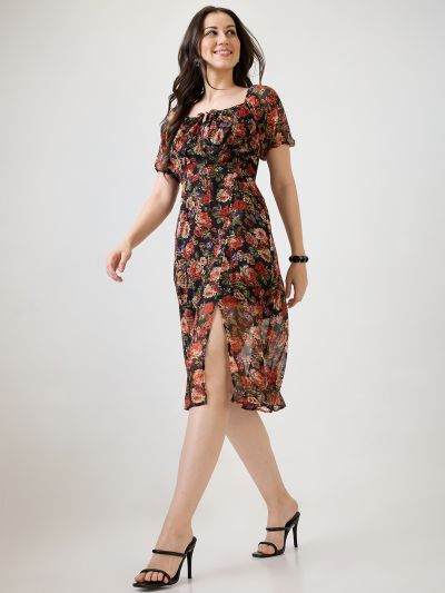Globus Women Black Allover Floral Printed Tie-Up Square Neck Puff Sleeves Side Slit Fit & Flare Midi Dress
