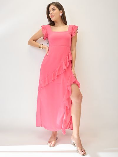 Globus Women Pink Square Neck Cap Sleeves Asymmetric Ruffle Hem Maxi A-Line Dress