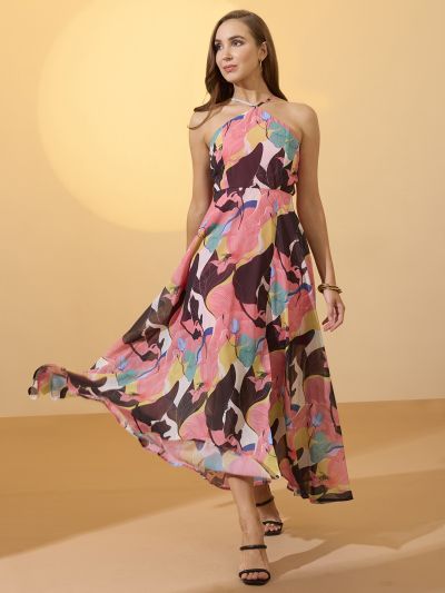 Globus Women Multicolour Abstract Print Halter Neck Flared Hem A-Line Resort Maxi Dress