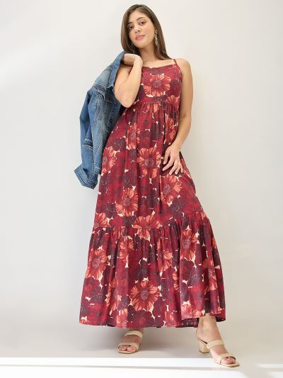 Globus Women Red Floral Printed V-Neck Strappy Sleeves Tiered Fit & Flare Maxi Dress