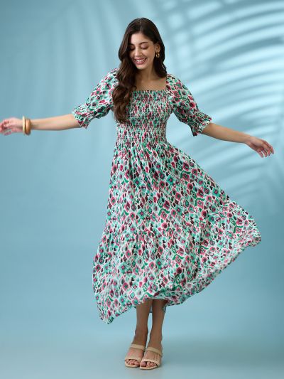 Globus Women Multicolour Ikat Print Square Neck Puff Sleeves Smocked Tiered Fit & Flare Maxi Dress