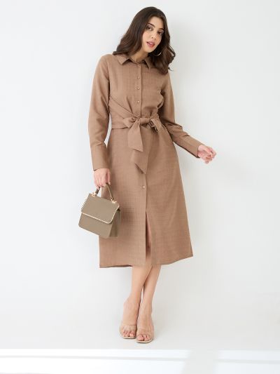 Globus Women Brown Collared Neck Cuffed Sleeves Self Design Waist Tie-Ups Midi Workwear Shirt Dress