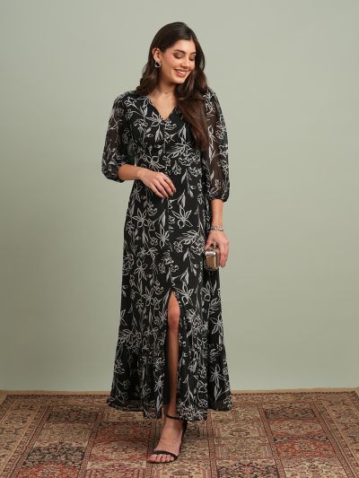 Globus Women Black V-Neck Puff Sleeves Floral Print Front Slit Smocked Fit & Flare Maxi Resort Dress