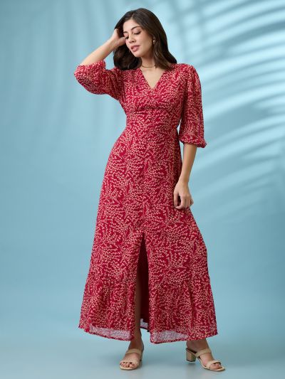 Globus Women Pink Tropical Printed V-Neck Neck Puff Sleeves Front Slit Tiered Fit & Flare Maxi Dress