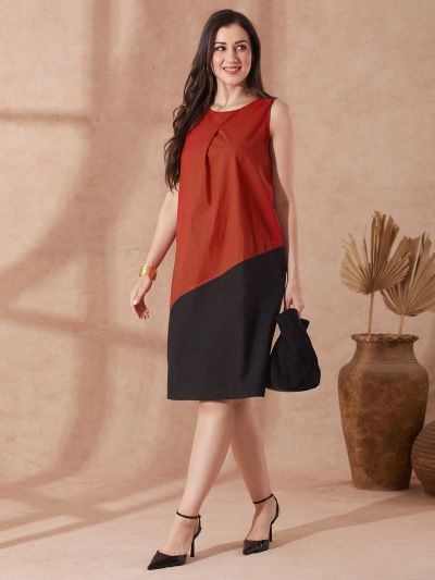 Globus Women Red Round Neck Colourblocked A-Line Knee Length Resort Dress