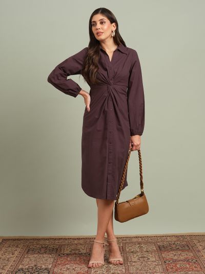 Globus Women Burgundy Collared Neck Bishop Sleeves Solid Twist Knot Detail Midi Workwear Shirt Dress