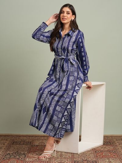 Globus Women Blue Collared Neck Cuffed Sleeves Ethnic Print Maxi Workwear Shirt Dress With Belt