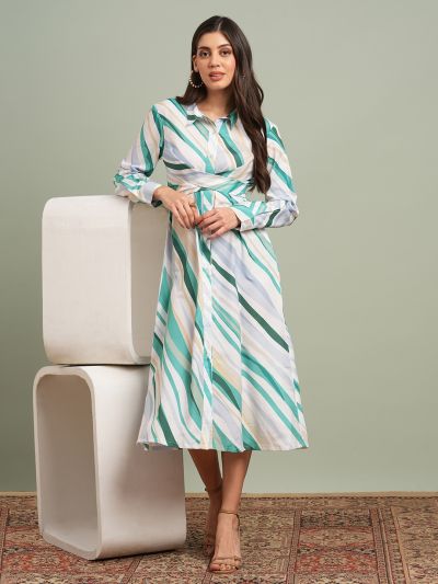 Globus Women Green Collared Neck Cuffed Sleeves Abstract Print Criss Cross Tie-Up Detail Midi Shirt Dress
