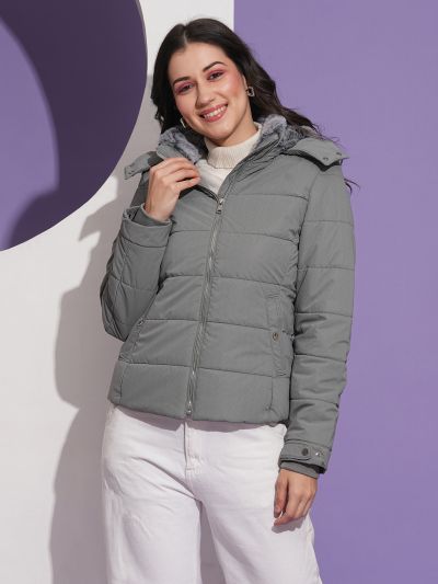 Globus Women Grey Mock Neck Front Pockets Winter Wear Insulator Puffer Jacket With Detachable Hood