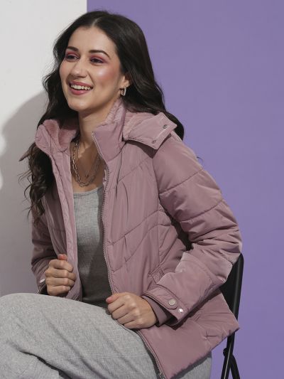 Globus Women Pink Mock Neck Front Pockets Winter Wear Insulator Puffer Jacket With Detachable Hood