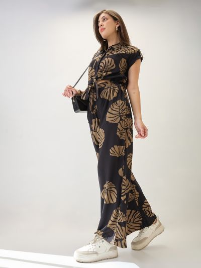 Globus Women Black Shirt Collar Extended Sleeves Tropical Print Cut Out Detail Waist Tie-Up Jumpsuit