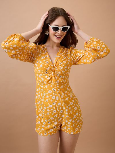 Globus Women Yellow V-Neck Floral Print Twisted Bishop Sleeve Playsuit