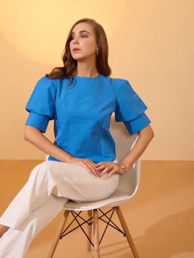Globus Women Blue Puff Sleeve Round Neck Back Button Shirt Style Workwear Top