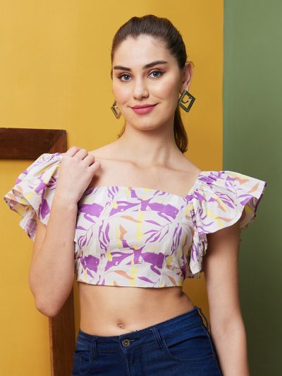 Globus Women Lavender Printed Casual Square Neck Regular Top