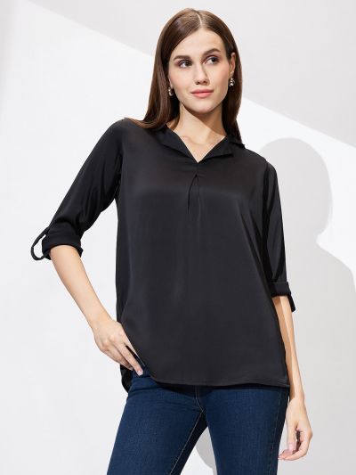Globus Women Black Cuban Collar Roll Up Sleeves Solid Satin Shirt Style Workwear Top