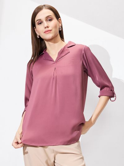 Globus Women Pink Cuban Collar Roll Up Sleeves Solid Satin Shirt Style Workwear Top
