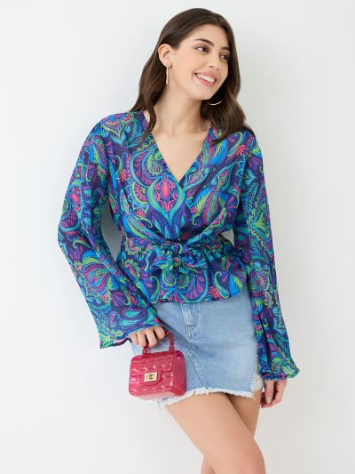 Globus Women Blue Georgette Paisley Print V-Neck Wrap Waist Tie-up Flared Sleeves Peplum Top