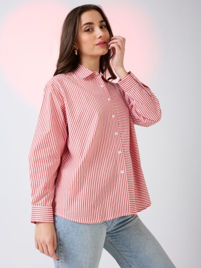 Globus Women Red Collared Neck Cuffed Sleeves Striped Pattern Oversized Shirt Style Work Wear Top