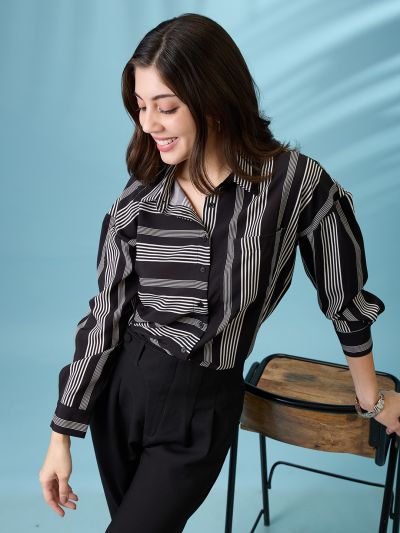 Globus Women Black Vertical & Horizontal Stripes Collared Neck Cuffed Sleeves Oversized Shirt Style Top