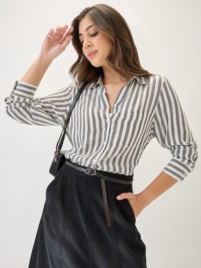 Globus Women Black Cuffed Sleeves Vertical Stripes Chest Pocket Curved Hem Workwear Shirt