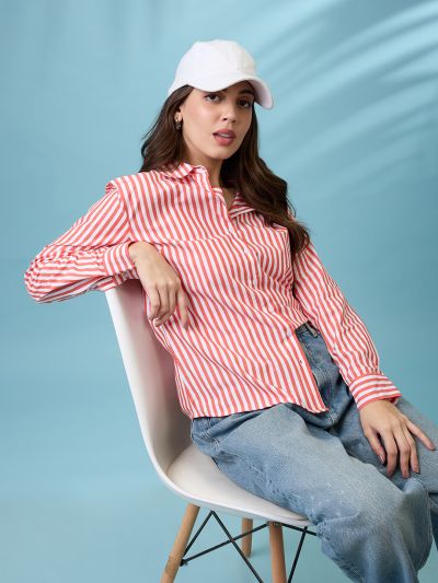 Globus Women Red Striped Collared Neck Cuffed Sleeves Curved Hem Shirt