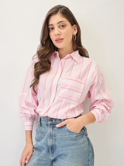 Globus Women Pink Cuffed Sleeves Vertical Stripes Chest Pocket High-Low Hem Oversized Workwear Shirt