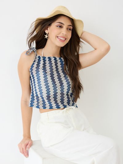 Globus Women Blue Tie-up Strappy Sleeve Chevron Pattern Crochet Crop Top