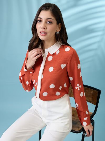 Globus Women Rust Printed Self Design Collared Neck Cuffed Sleeves Shirt
